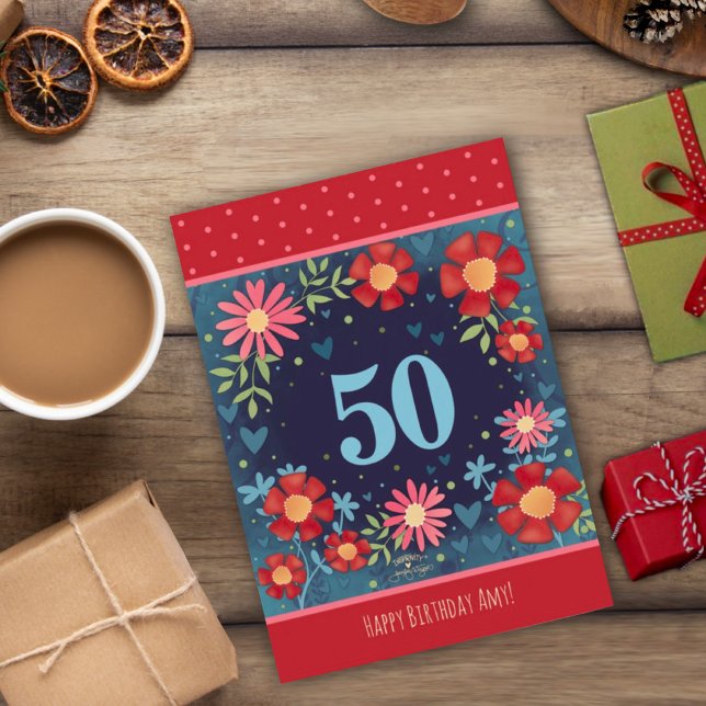 Custom Name 50th Birthday Red Blue Floral Card (Creator Uploaded)