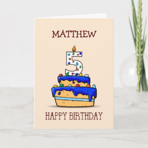 Custom Name, 5th Birthday, 5 on Sweet Blue Cake Card