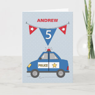 Custom Name 5th Birthday Blue Police Car Card