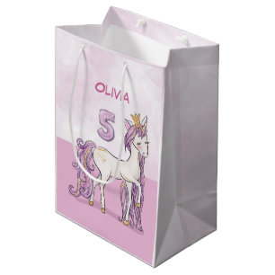 Custom Name 5th Birthday Pink Horse With Crown Medium Gift Bag
