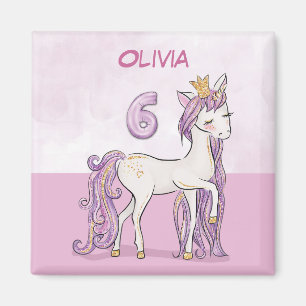 Custom Name 6th Birthday Pink Horse With Crown Magnet