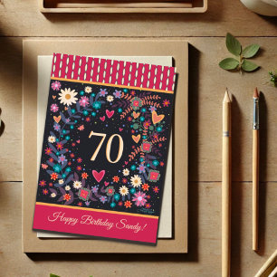 Custom Name 70th Birthday Floral Hearts Card