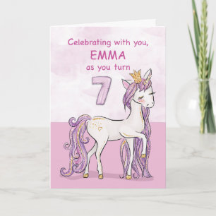 Custom Name 7th Birthday Pink Horse With Crown Card