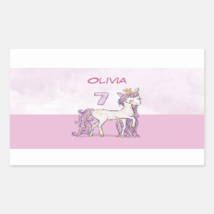 Custom Name 7th Birthday Pink Horse With Crown Rectangular Sticker