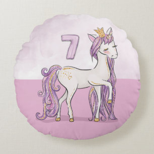 Custom Name 7th Birthday Pink Horse With Crown Round Cushion