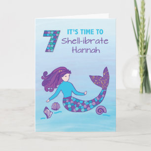 Custom Name 7th Birthday Sparkly Look Mermaid Card