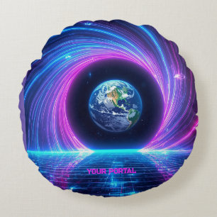 Custom Name 80s Retro Neon Planet Portal Round Cushion