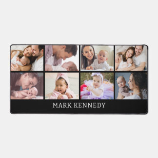 Custom Name 8 Photo Collage Personalised Black Desk Mat