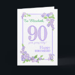 Custom Name 90th Birthday with Phlox Flowers Card<br><div class="desc">A very pretty 90th birthday card for you to customize with the name of the recipient. There are clusters of blue and purple Phlox flowers around the narrow purple border, painted by hand in watercolours. The front cover greeting is, '90 years young today! HAPPY BIRTHDAY!' on a lightly textured white,...</div>