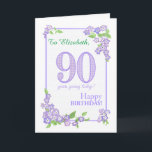 Custom Name 90th Birthday with Phlox Flowers Card<br><div class="desc">A very pretty 90th birthday card for you to customize with the name of the recipient. There are clusters of blue and purple Phlox flowers around the narrow purple border, painted by hand in watercolours. The front cover greeting is, '90 years young today! HAPPY BIRTHDAY!' on a lightly textured white,...</div>