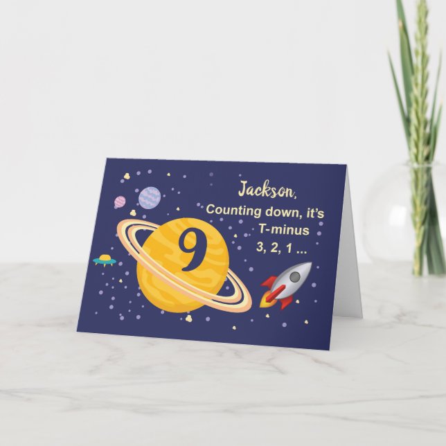 Custom Name, 9th Birthday Planets in Outer Space Card (Front)