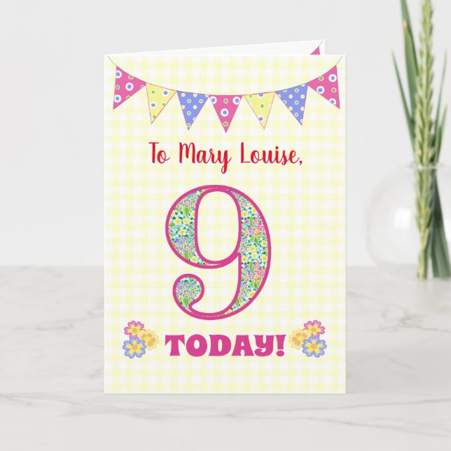 Custom Name 9th Birthday Primroses Bunting Card (Front)