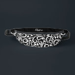 Custom Name Abstract Floral Elegant Black & White Bum Bags<br><div class="desc">This unique fanny pack design is whimsical and stylish. The front background consists of an abstract white floral pattern on a classic black background. The area above the zipper is solid black and is perfect for your custom name or short text in stylish white script. All colours in this design...</div>