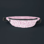 Custom Name Abstract Floral Elegant Girly Pink Bum Bags<br><div class="desc">This unique fanny pack design is whimsical and feminine. The front background consists of an abstract white floral pattern on a soft pink background. The area above the zipper is solid pink and is perfect for your custom name or short text in stylish white script. All colours in this design...</div>