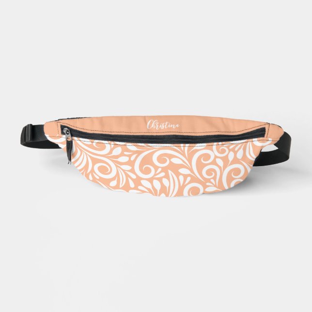 Custom Name Abstract Floral Elegant Peach White    Bum Bags (Front)