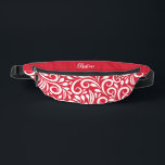 Custom Name Abstract Floral Elegant Red White Bum Bags<br><div class="desc">This unique fanny pack design is whimsical and feminine. The front background consists of an abstract white floral pattern on a classic red background. The area above the zipper is solid red and is perfect for your custom name or short text in stylish white script. All colours in this design...</div>