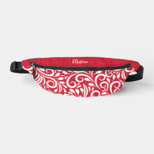 Custom Name Abstract Floral Elegant Red White Bum Bags