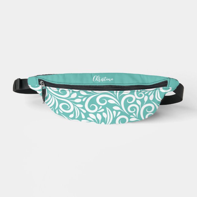 Custom Name Abstract Floral Elegant Teal Green Bum Bags (Front)