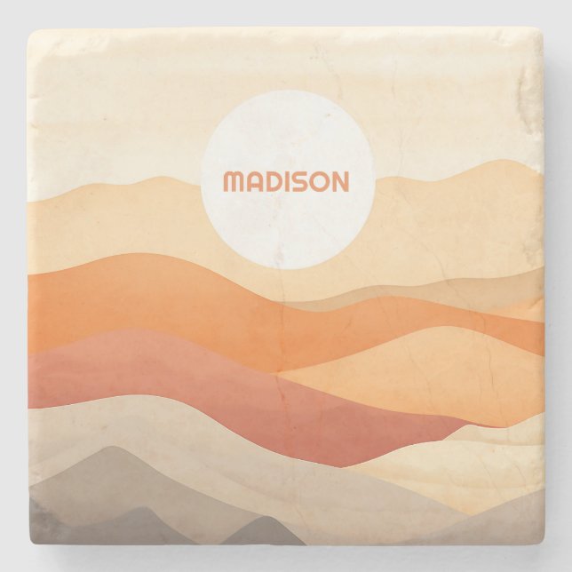 Custom Name Abstract Landscape Illustration Stone Coaster (Front)