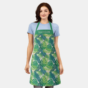 Custom name Abstract Palm Leaf Pattern aprons