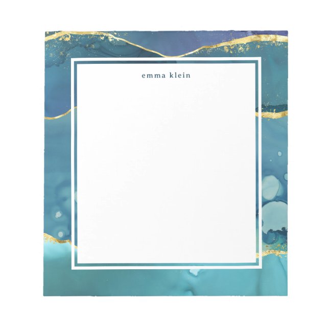 Custom Name Abstract Teal Blue Ink Gold Notepad (Front)