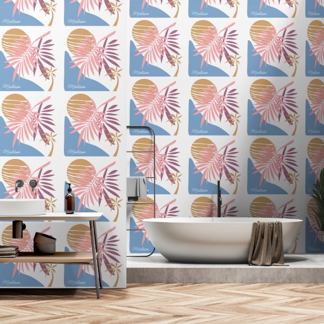 Custom Name Abstract Tropical Landscape Wallpaper (Bathroom)