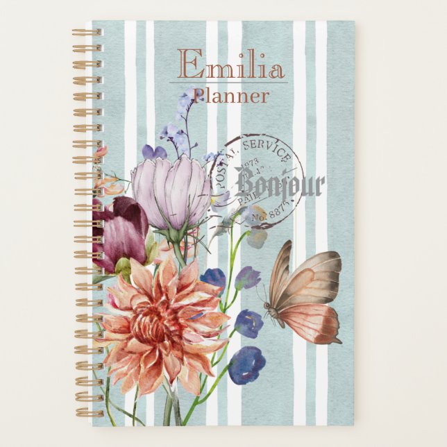 Custom name adorable french background botanical planner (Front)