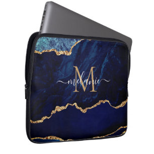 Custom Name Agate Blue Gold Marble Laptop Sleeve