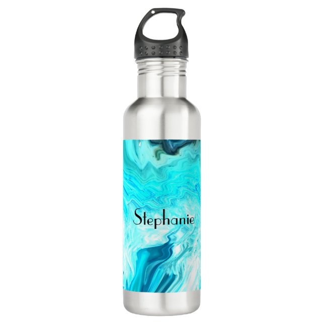 Custom Name Agate Gemstone Geode Art Blue Cool 710 Ml Water Bottle (Front)