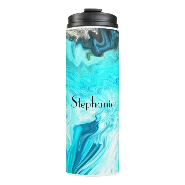 Custom Name Agate Gemstone Geode Art Blue Cool Thermal Tumbler (Front)