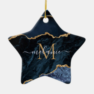 Custom Name Agate Navy Blue Gold Gemstone Marble Ceramic Ornament