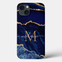 Custom Name Agate Navy Blue Gold Geode Marble