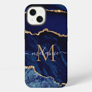 Custom Name Agate Navy Blue Gold Geode Marble iPhone 13 Case