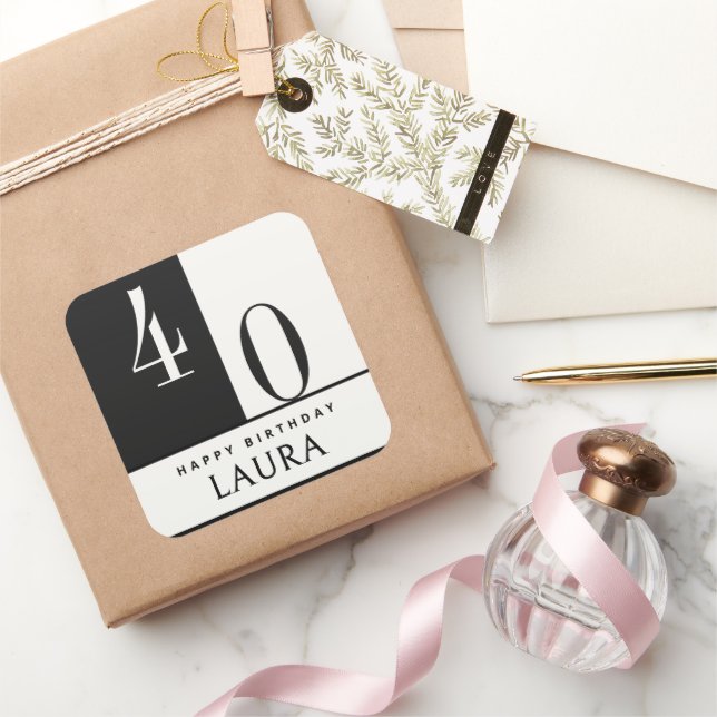 Custom Name & Age Black and White Birthday Square Sticker (Gifting)