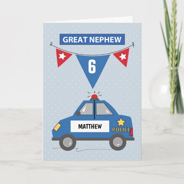 Custom Name Age Great Nephew 6th Birthday Police Card (Front)