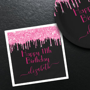 Custom Name + Age Hot Pink Dripping Glitter Black Napkin