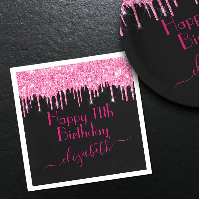 Custom Name + Age Hot Pink Dripping Glitter Black Napkin (Creator Uploaded)