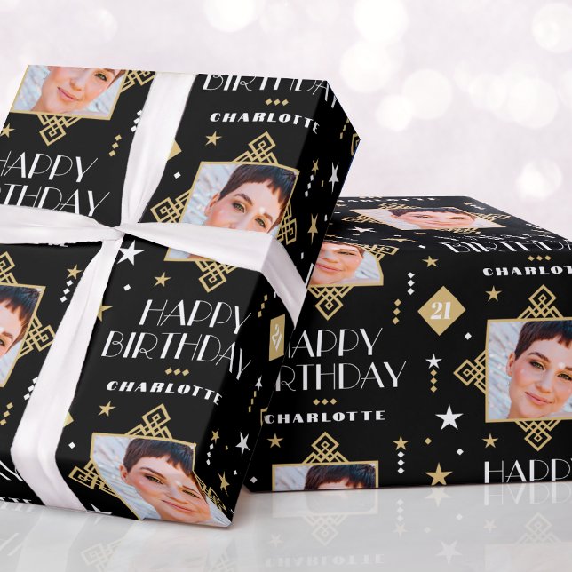 Custom Name Age Photo Art Deco Birthday Black Wrapping Paper (Creator Uploaded)