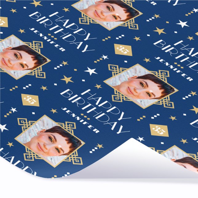 Custom Name Age Photo Art Deco Birthday Blue Wrapping Paper (Creator Uploaded)