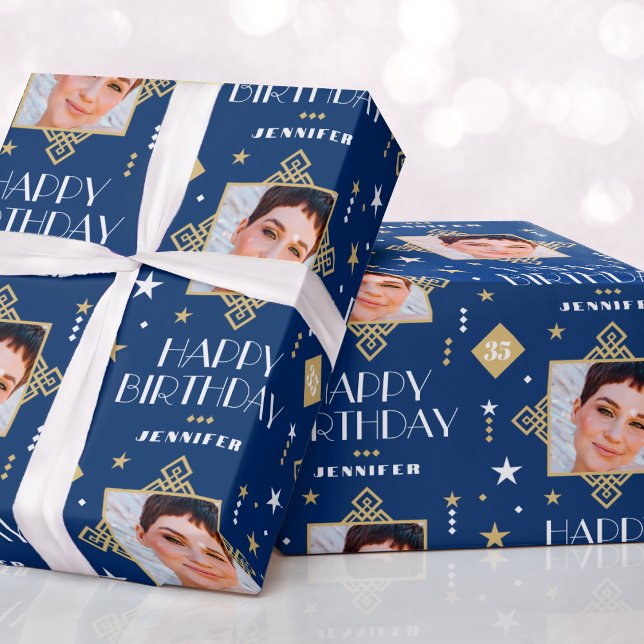 Custom Name Age Photo Art Deco Birthday Blue Wrapping Paper (Creator Uploaded)