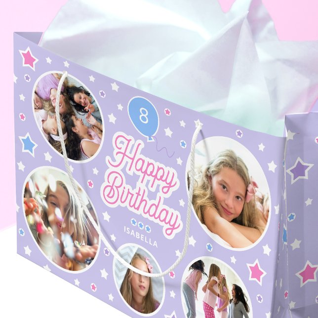 Custom Name Age Photo Collage Birthday Star Purple Large Gift Bag (Creator Uploaded)