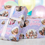 Custom Name Age Photo Collage Birthday Star Purple Wrapping Paper<br><div class="desc">Say "Happy Birthday" with this cute personalised wrapping paper,  featuring six of your favourite photos! Celebration balloons and stars in purple,  pink,  white and blue.</div>