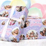 Custom Name Age Photo Collage Birthday Star Purple Wrapping Paper<br><div class="desc">Celebrate a special birthday with custom photo gift wrap! This cute and stylish template is personalised with your child's name,  age and six favourite photographs! A seamless pattern wrapping paper,  featuring round picture frames,  with a balloon,  and stars. Printed colours: lilac purple,  candy pink,  blue and white.</div>