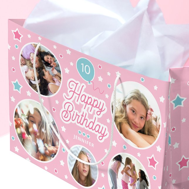 Custom Name Age Photo Collage Birthday Stars Pink Large Gift Bag (Creator Uploaded)
