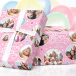 Custom Name Age Photo Collage Birthday Stars Pink Wrapping Paper<br><div class="desc">Celebrate a special birthday with custom photo gift wrap! This cute and stylish template is personalised with your child's name,  age and six favourite photographs! A seamless pattern wrapping paper,  featuring round picture frames,  with a balloon,  and stars. Printed colours: light pink,  candy pink,  turquoise and white.</div>