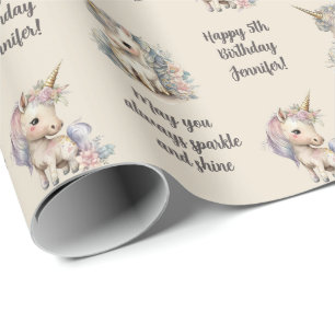 Custom Name Age Sentiment Unicorn Birthday Wrapping Paper