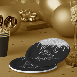 Custom Name + Age Silver Dripping Glitter Black Paper Plate