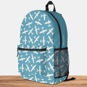 Custom Name Aircraft Pattern Retro Blue Printed Backpack
