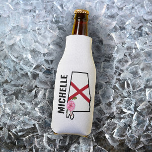 Custom Name Alabama Flag and State Flower Camellia Bottle Cooler