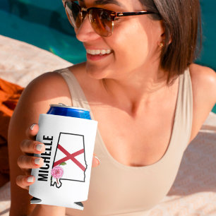 Custom Name Alabama Flag and State Flower Camellia Can Cooler